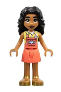Friends Adi - Adi from Friends theme wearing coral overall skirt, bright light yellow shirt, and gold sandals - frnd626