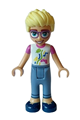Olly from Friends, wearing a white shirt with dark pink short sleeves, sand blue trousers, and dark blue shoes - frnd630