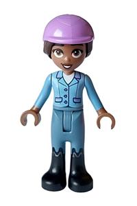 Friends Aliya - Aliya from Friends theme, wearing a bright light blue jacket, sand blue trousers, black boots, and a medium lavender horse riding helmet - frnd633
