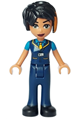 Zoe from Friends wearing dark blue vest with bright light orange tie, dark blue trousers, and black shoes - frnd636