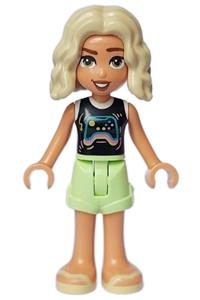 Friends Nova - Nova from Friends theme, wearing a black and white shirt with a video game controller, yellowish green shorts, and bright light yellow sandals - frnd643