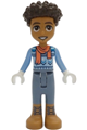 Aaron is wearing a bright light blue sweater with a coral scarf, sand blue trousers, and medium nougat boots - frnd663