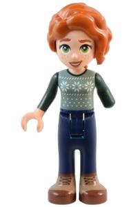 Friends Autumn - Autumn Friends minifigure wearing sand green sweater vest, dark blue trousers, nougat and reddish brown boots - frnd667