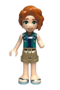 Friends Autumn - Autumn-themed Friends minifigure wearing a dark turquoise vest over a dark blue shirt, dark tan shorts, and metallic light blue sandals - frnd677