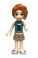 Autumn-themed Friends minifigure wearing a dark turquoise vest over a dark blue shirt, dark tan shorts, and metallic light blue sandals - frnd677