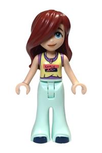 Friends Paisley - A Friends Paisley minifigure wearing a bright light yellow and medium lavender tank top, light aqua trousers bell-bottoms, and dark blue shoes - frnd678