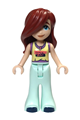 A Friends Paisley minifigure wearing a bright light yellow and medium lavender tank top, light aqua trousers bell-bottoms, and dark blue shoes - frnd678