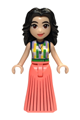 Adult Emma from Friends wears a pleated coral skirt with a dark blue, medium lavender, yellow, green, and white top - frnd683