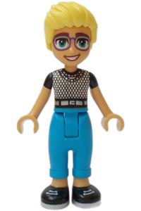 Friends Olly - Olly from Friends wearing a black and white mesh T-shirt, dark azure trousers, and black shoes - frnd688