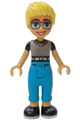 Olly from Friends wearing a black and white mesh T-shirt, dark azure trousers, and black shoes - frnd688