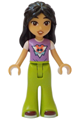 Liann from the Friends theme, wearing a medium lavender top, lime bell-bottom trousers, dark red shoes, and smiling with top teeth - frnd689