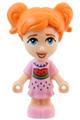 Micro doll version of Friends character Ella wearing a bright pink watermelon dress - frnd698
