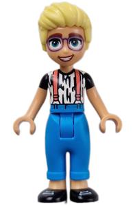 Friends Olly - Olly, wearing a white shirt with black stripes, coral suspenders, dark azure trousers, and black shoes - frnd701