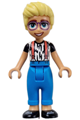 Olly, wearing a white shirt with black stripes, coral suspenders, dark azure trousers, and black shoes - frnd701
