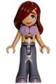 Paisley from Friends wearing a bright light yellow and medium lavender tank top, sand blue bell-bottom trousers, and lavender headphones - frnd704