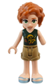 Autumn-themed minifigure wearing a dark green mushroom top, dark tan shorts, and metallic light blue sandals - frnd711