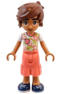Friends Leo - Leo is wearing a white shirt with coral flowers, coral trousers with large pockets, and dark blue shoes - frnd712