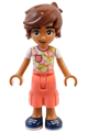 Leo is wearing a white shirt with coral flowers, coral trousers with large pockets, and dark blue shoes - frnd712