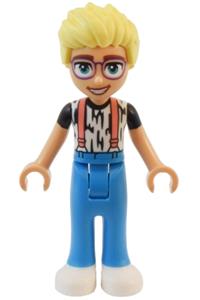 Friends Olly - Olly is wearing a white shirt with black stripes, coral suspenders, dark azure trousers, and white shoes - frnd716