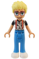 Olly is wearing a white shirt with black stripes, coral suspenders, dark azure trousers, and white shoes - frnd716