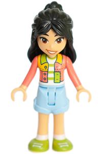 Friends Liann - Liann from Friends theme wearing a coral patchwork jacket, bright light blue shorts, and lime shoes - frnd718