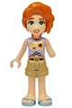 Autumn Friends minifigure wearing a lavender vest with sunflowers, dark tan shorts, and metallic light blue sandals - frnd721
