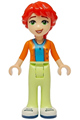 Adult Mia in dark azure shirt, orange sweater, yellowish green pants, and white shoes with dark blue soles and laces - frnd722