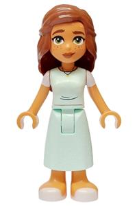 Friends Mary Joy - Mary Joy, a friend, wearing light aqua scrubs dress with white short sleeves and white sandals - frnd724