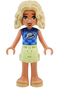 Friends Nova - Nova from Friends theme wears a blue shirt with Classic Space logo, yellowish green shorts, and bright light yellow sandals - frnd730