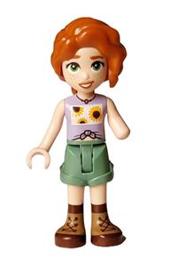 Friends Autumn - Autumn wearing a lavender vest with sunflowers, sand green shorts, and nougat and reddish brown boots - frnd733