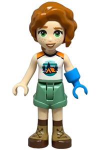 Friends Autumn - Autumn-themed minifigure with a white and orange sleeveless top, sand green shorts, nougat and reddish brown boots, and a prosthetic hand - frnd737