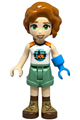 Autumn-themed minifigure with a white and orange sleeveless top, sand green shorts, nougat and reddish brown boots, and a prosthetic hand - frnd737