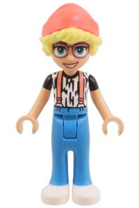 Friends Olly - Olly from Friends theme wearing white shirt with black stripes, coral suspenders, dark azure trousers, white shoes, and coral hat - frnd745