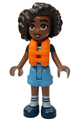 Aliya from Friends theme, wearing a white t-shirt with tent, medium blue shorts, dark blue shoes, and an orange life jacket - frnd756