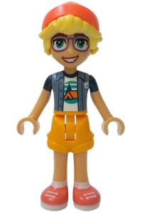 Friends Olly - Olly from Friends theme in a sand blue jacket, white t-shirt with tent design, bright light orange shorts, coral shoes, and hat - frnd757