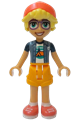 Olly from Friends theme in a sand blue jacket, white t-shirt with tent design, bright light orange shorts, coral shoes, and hat - frnd757
