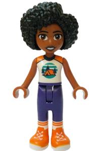 Friends Jamila - Jamila from LEGO Friends wears a white sleeveless top with a tent print, dark purple trousers, and orange shoes - frnd758