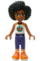 Jamila from LEGO Friends wears a white sleeveless top with a tent print, dark purple trousers, and orange shoes - frnd758