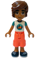 Leo from Friends theme with a white t-shirt featuring a tent, coral cropped trousers, and dark blue shoes - frnd759