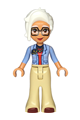 Renee from Friends wearing a light blue jacket, tan bell-bottom trousers, and dark red shoes - frnd770