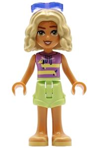 Friends Nova - Nova from Friends theme wearing a medium lavender sleeveless hoodie with a dachshund, yellowish green shorts, bright light yellow sandals, and glasses - frnd772