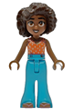 Friends Aliya wearing a coral halter top, medium azure bell-bottom trousers, and metallic pink flip flops - frnd773