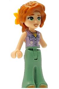 Friends Autumn - Autumn Friends mini-doll wearing a lavender sleeveless jacket with flowers, sand green bell-bottom trousers, medium nougat shoes, and dark orange wavy hair with a bright light orange flower - frnd777