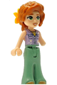 Autumn Friends mini-doll wearing a lavender sleeveless jacket with flowers, sand green bell-bottom trousers, medium nougat shoes, and dark orange wavy hair with a bright light orange flower - frnd777