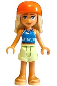 Friends Sage - Sage from LEGO Friends wearing a blue tank top paired with yellowish green shorts and bright light yellow sandals, with a reddish orange bicycle helmet - frnd783