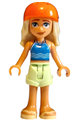 Sage from LEGO Friends wearing a blue tank top paired with yellowish green shorts and bright light yellow sandals, with a reddish orange bicycle helmet - frnd783