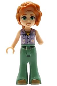 Friends Autumn - Autumn wearing lavender jacket with flowers, sand green bell-bottom trousers, medium nougat shoes, and wavy dark orange hair - frnd791