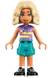 Friends Nova - Nova from Friends theme wears a medium lavender sleeveless hoodie with a dachshund design, dark turquoise shorts, and black and white boots - frnd806