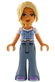 Sara from Friends wearing bright light blue top, sand blue bell-bottom trousers, and medium lavender shoes - frnd811