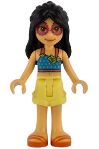 Friends Liann wearing a dark azure top - Liann from Friends wears a dark azure top, bright light yellow shorts, and reddish orange sandals - frnd829
